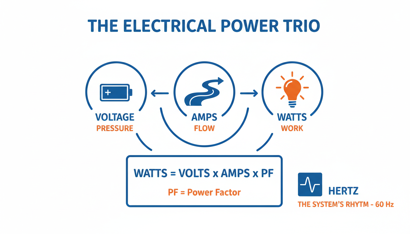 Hz to Watts conversion - A clean, educational infographic titled "The Electrical Power Trio". It shows three icons: a battery for Voltage (labeled 'Pressure'), a river for Amps (labeled 'Flow'), and a lightbulb for Watts (labeled 'Work'). Arrows connect them to a central formula: Watts = Volts x Amps x PF. A small, separate icon for Hertz (a sine wave) is off to the side, labeled 'The System's Rhythm - 60 Hz'.
