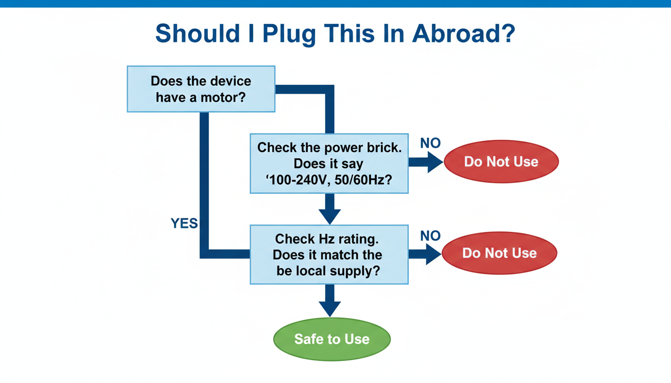 Hz to Watts conversion - A simple decision-making flowchart titled "Should I Plug This In Abroad?". It starts with a question: "Does the device have a motor?". If YES, it leads to "Check Hz rating. Does it match the local supply?". If NO, it leads to "Check the power brick. Does it say '100-240V, 50/60Hz'?". The flowchart guides the user to a "Safe to Use" or "Do Not Use" conclusion.