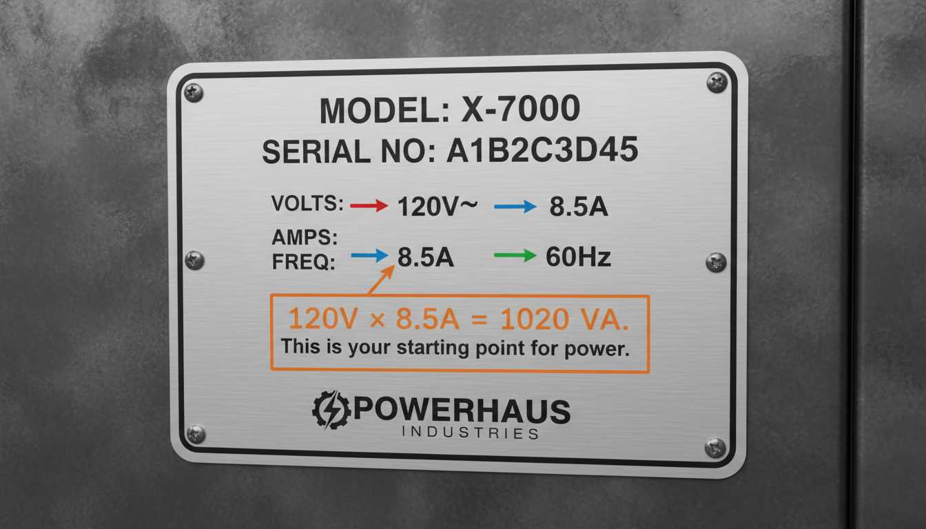 Hz to Watts conversion - A clear, close-up photo of a fictional appliance compliance plate. Arrows and callout boxes point to specific numbers: "VOLTS: 120V~", "AMPS: 8.5A", "FREQ: 60Hz". A final callout box shows the calculation: "120V x 8.5A = 1020 VA. This is your starting point for power."