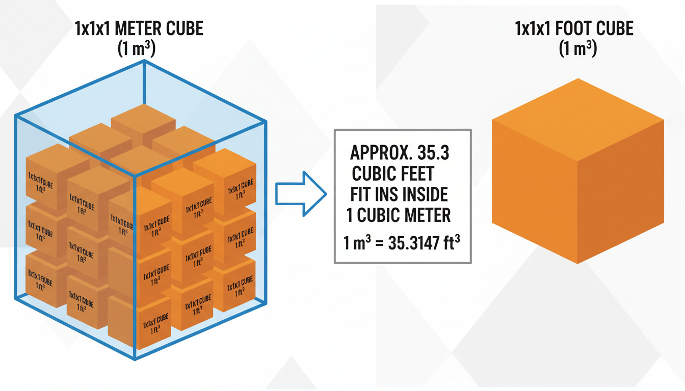 CMS to CFS - Educational infographic visually comparing a 1x1x1 meter cube to a 1x1x1 foot cube, showing that approximately 35.3 of the smaller cubes fit inside the larger one, with the label '1 m³ = 35.3147 ft³'.
