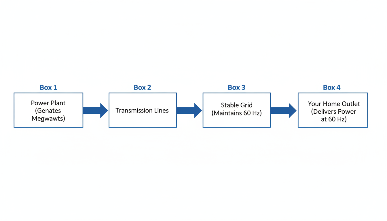W to Hz - A simple flowchart diagram. Box 1: 'Power Plant (Generates Megawatts)'. Arrow to Box 2: 'Transmission Lines'. Arrow to Box 3: 'Stable Grid (Maintains 60 Hz)'. Arrow to Box 4: 'Your Home Outlet (Delivers Power at 60 Hz)'.