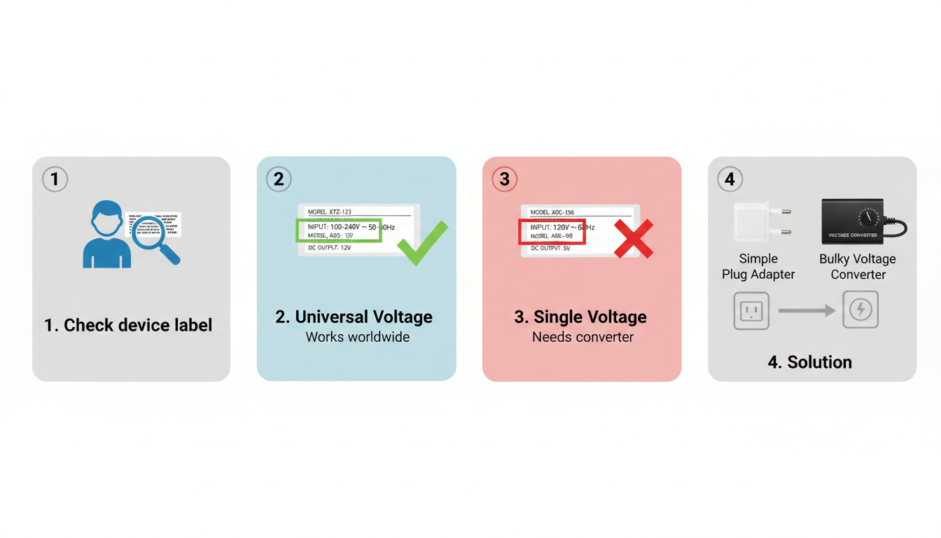 W to Hz - A clear, step-by-step diagram. Step 1: Icon of a person looking at a device label. Step 2: Highlighted text '100-240V, 50-60Hz' with a green checkmark. Step 3: Highlighted text '120V, 60Hz' with a red X. Step 4: Images of a simple plug adapter vs. a bulky voltage converter.