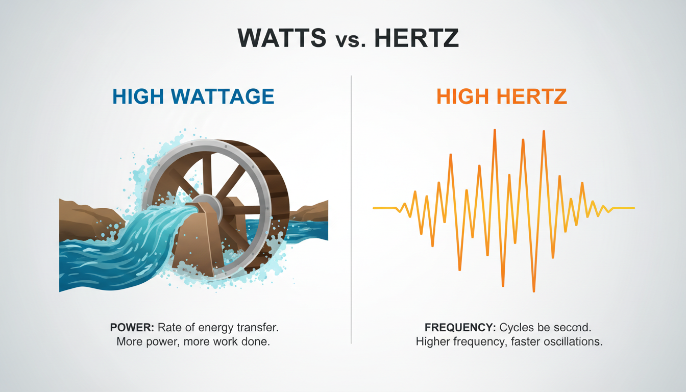 W to Hz - A clean, modern infographic visually comparing Watts and Hertz. Left side shows a powerful river turning a large wheel, labeled 'High Wattage'. Right side shows a fast, oscillating wave, labeled 'High Hertz'. The two sides are clearly separated to emphasize they are different concepts.