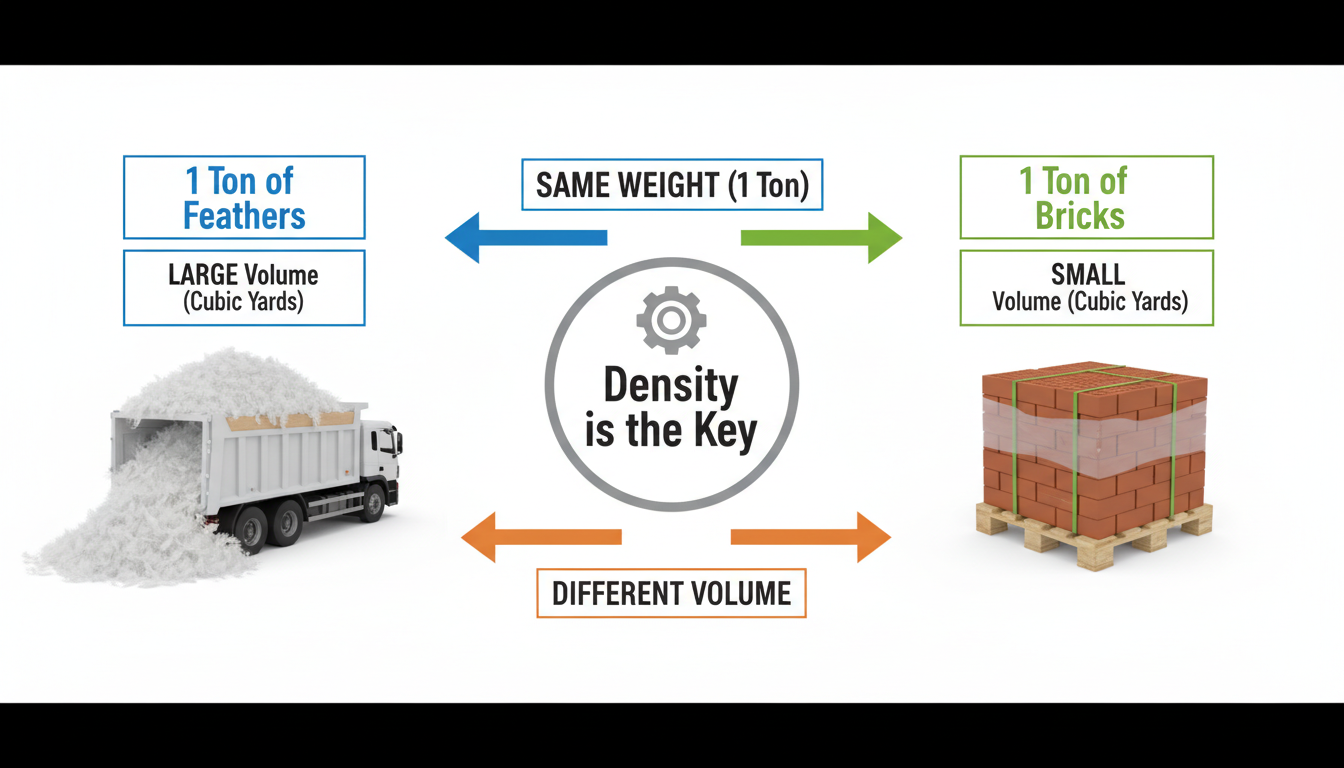 convert tons to cubic yards - Educational infographic visually comparing a ton of feathers filling a large truck bed next to a ton of bricks on a small pallet. Text labels highlight 'Same Weight (1 Ton)' but 'Different Volume (Cubic Yards)' and points to a central icon labeled 'Density is the Key'.