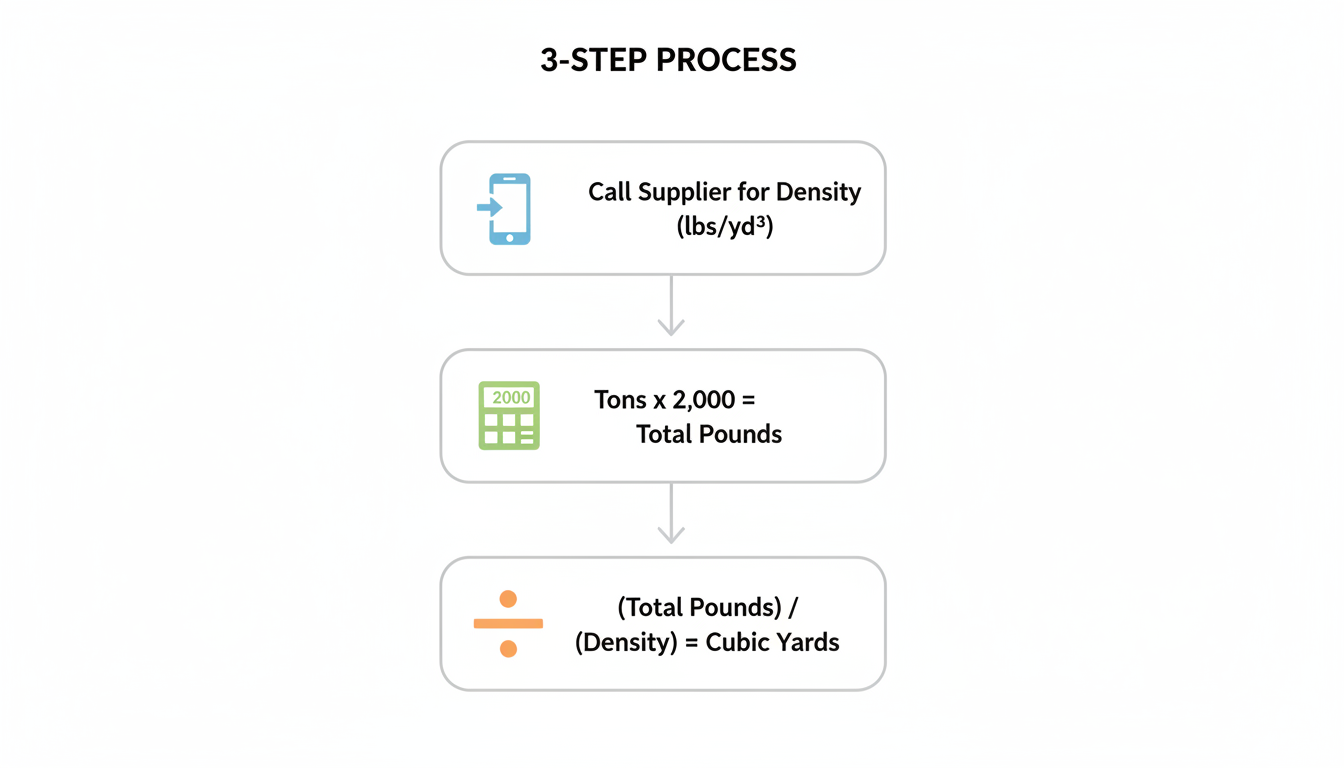 convert tons to cubic yards - A clean, minimalist flowchart diagram illustrating the 3-step process. Step 1: Icon of a phone with the text 'Call Supplier for Density (lbs/yd³)'. Step 2: Icon of a calculator showing 'Tons x 2,000 = Total Pounds'. Step 3: Icon of a division symbol with the formula '(Total Pounds) / (Density) = Cubic Yards'.