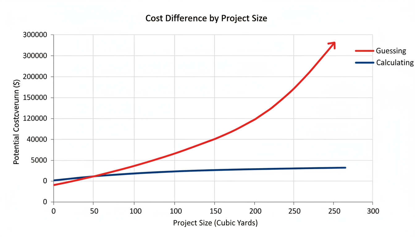 convert tons to cubic yards - A high-quality data trend graph showing the cost difference. The X-axis is 'Project Size (Cubic Yards)' and the Y-axis is 'Potential Cost Overrun ($)'. One line, labeled 'Guessing', curves sharply upwards. Another line, labeled 'Calculating', stays flat at $0.