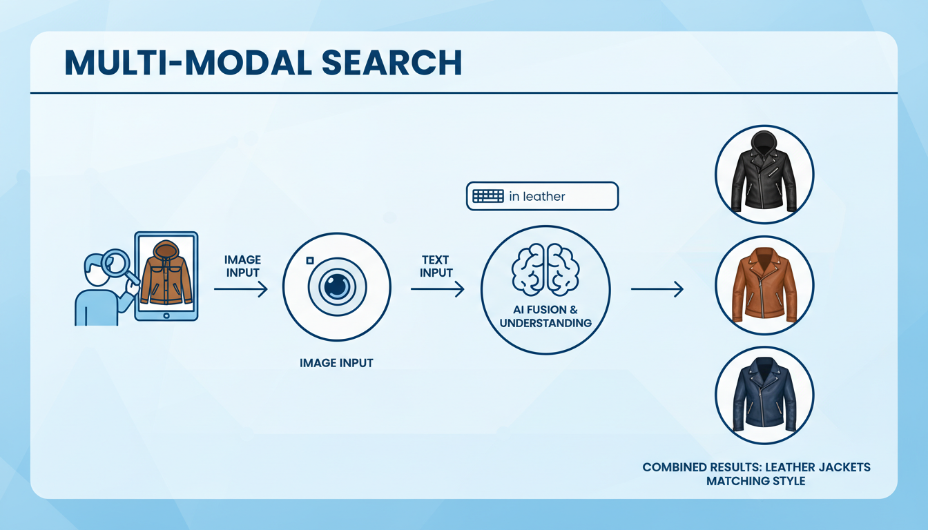 Image Similarity Search - An educational infographic illustrating the concept of multi-modal search. It shows a user uploading a picture of a jacket, then typing 'in leather' into a search bar, leading to results that match both the style of the jacket and the material specified.