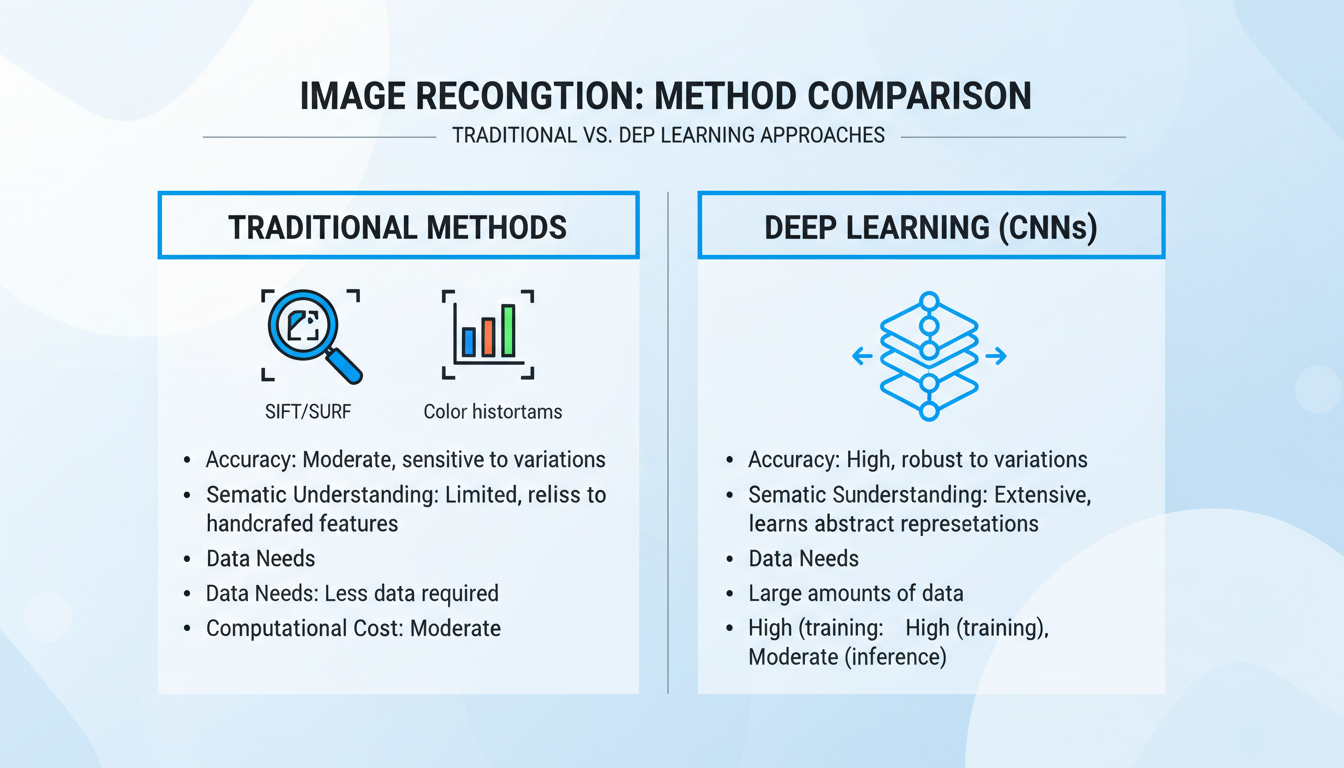 Image Similarity Search - A detailed comparison table as a high-quality graphic. Left side labeled 'Traditional Methods' with icons for SIFT/SURF and color histograms. Right side labeled 'Deep Learning (CNNs)' with an icon of a neural network. Comparison points: Accuracy, Semantic Understanding, Data Needs, Computational Cost.