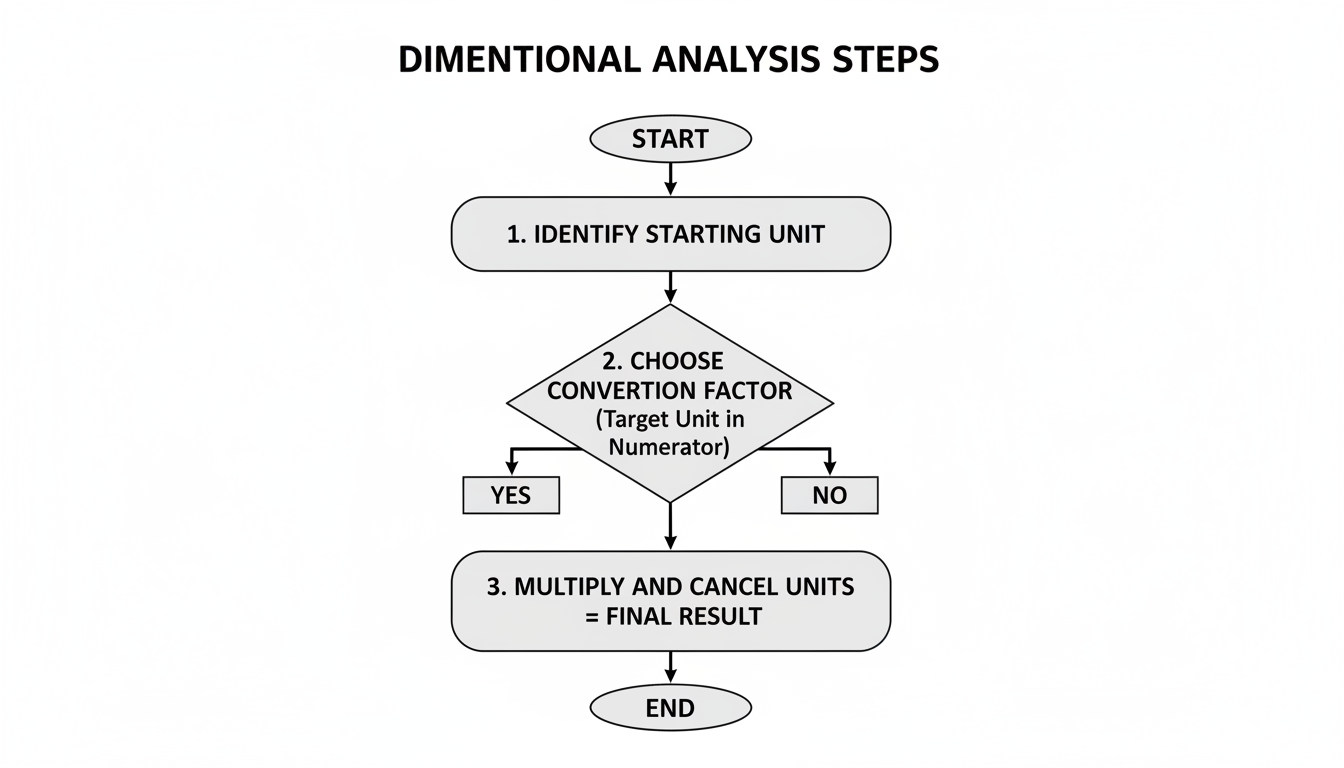 Unit Conversion Principles - A clean, minimalist flowchart diagram illustrating the 3 steps of dimensional analysis: 1. Identify Starting Unit, 2. Choose Conversion Factor (with target unit in numerator), 3. Multiply and Cancel Units to get the Final Result.