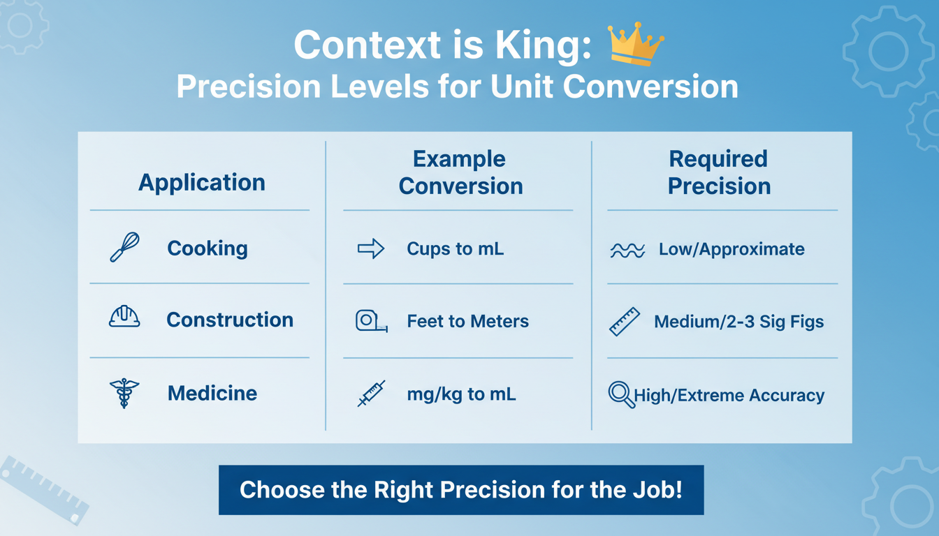 Unit Conversion Principles - A high-quality infographic titled "Context is King: Precision Levels for Unit Conversion". It shows three columns: 'Application' (Cooking, Construction, Medicine), 'Example Conversion' (Cups to mL, Feet to Meters, mg/kg to mL), and 'Required Precision' (Low/Approximate, Medium/2-3 Sig Figs, High/Extreme Accuracy).