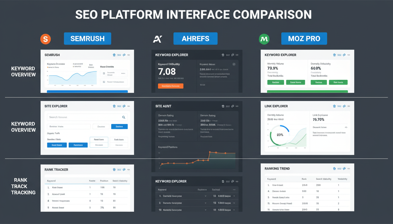 best SEO tools - A high-quality graphic comparing the user interfaces of Semrush, Ahrefs, and Moz Pro side-by-side, highlighting key dashboard elements like keyword overview, site explorer, and rank tracking.