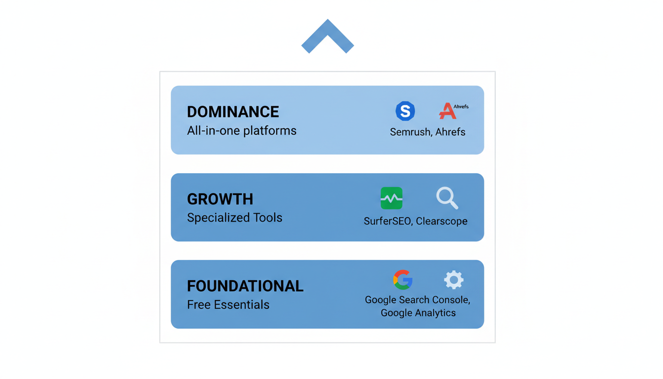 best SEO tools - A minimalist infographic showing the three tiers of an SEO tech stack: Foundational (free tools like Google Search Console), Growth (specialized tools like SurferSEO), and Dominance (all-in-one suites like Semrush and Ahrefs).