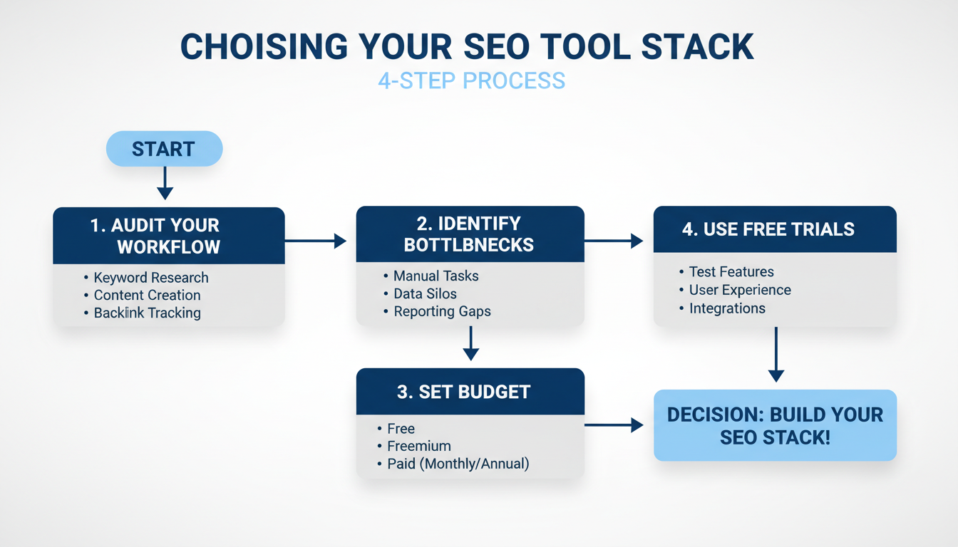 best SEO tools - A clean, professional flowchart illustrating the 4-step process for choosing the right SEO tool stack: 1. Audit Your Workflow, 2. Identify Bottleneck, 3. Set Budget, 4. Use Free Trials.