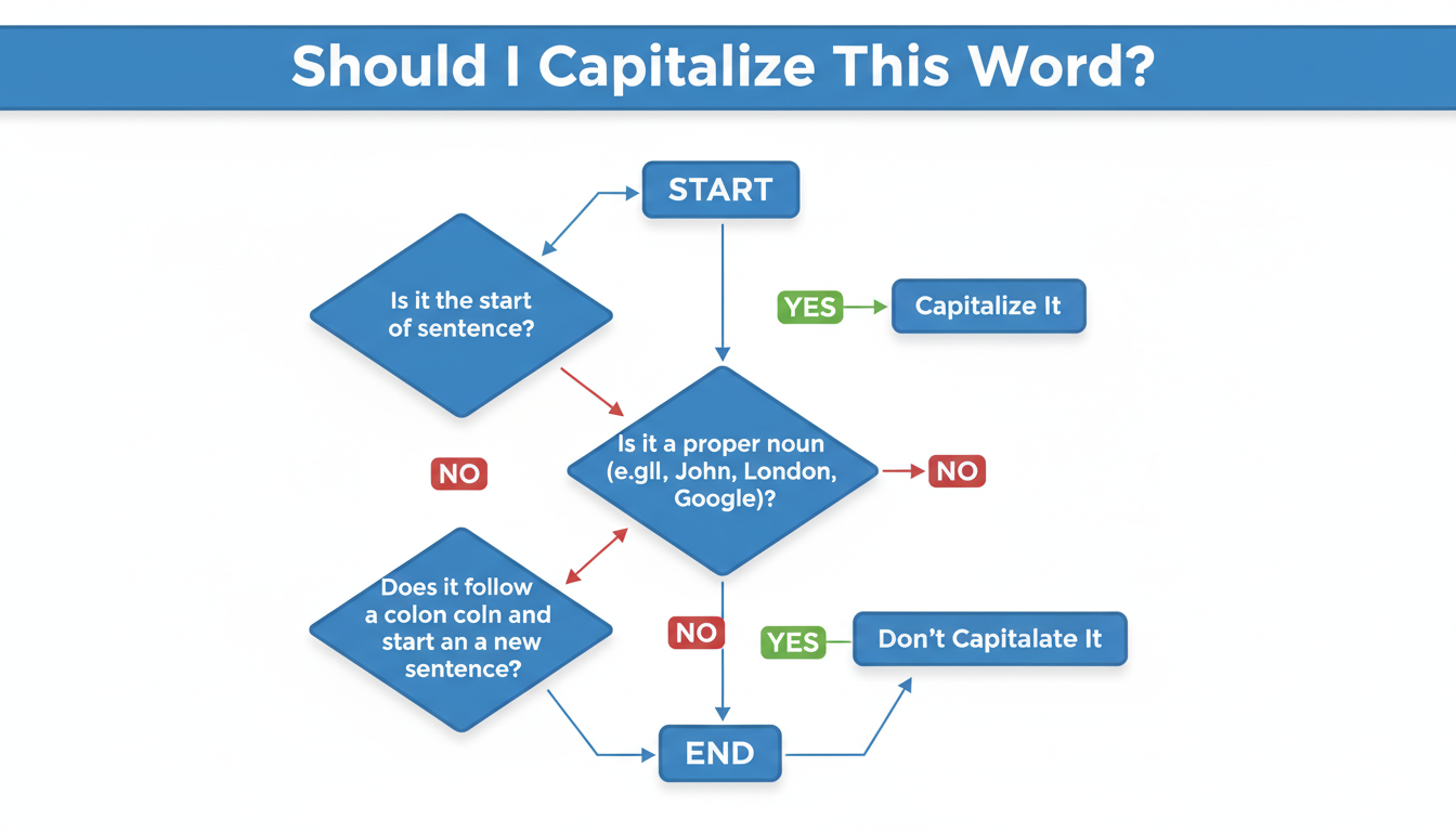 upper and lower case alphabet - A simple decision tree flowchart titled "Should I Capitalize This Word?" with questions like "Is it the start of a sentence?", "Is it a proper noun?", "Does it follow a colon and start a new sentence?"