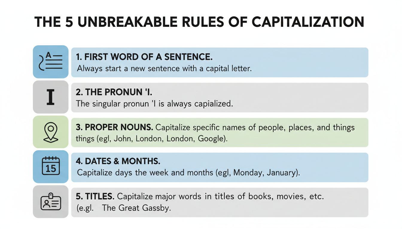 upper and lower case alphabet - A clean, modern infographic titled "The 5 Unbreakable Rules of Capitalization" with icons for each rule: a sentence, the letter 'I', a map pin for proper nouns, a calendar for dates, and a name tag for titles.