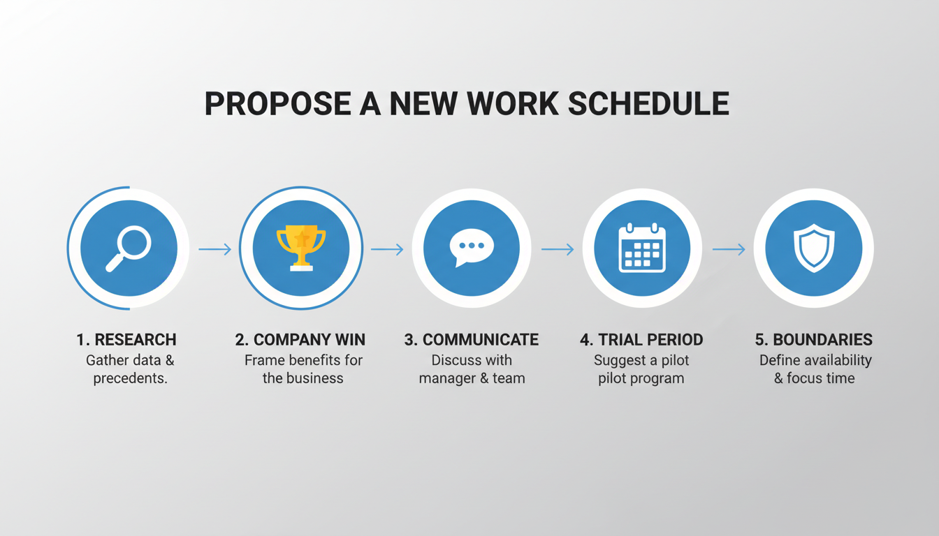 7:30 to 3:30 work schedule - A step-by-step diagram illustrating the 5 steps to propose a new work schedule, with icons for each step: a magnifying glass for research, a trophy for 'company win', a chat bubble for communication, a calendar for 'trial period', and a shield for 'boundaries'.