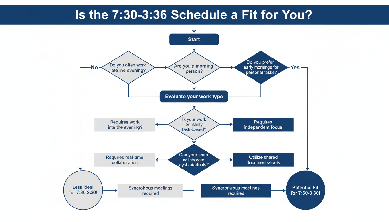 7:30 to 3:30 work schedule - Clean, minimalist flowchart titled 'Is the 7:30-3:30 Schedule a Fit for You?' with decision points like 'Are you a morning person?', 'Is your work primarily task-based?', 'Can your team collaborate asynchronously?'
