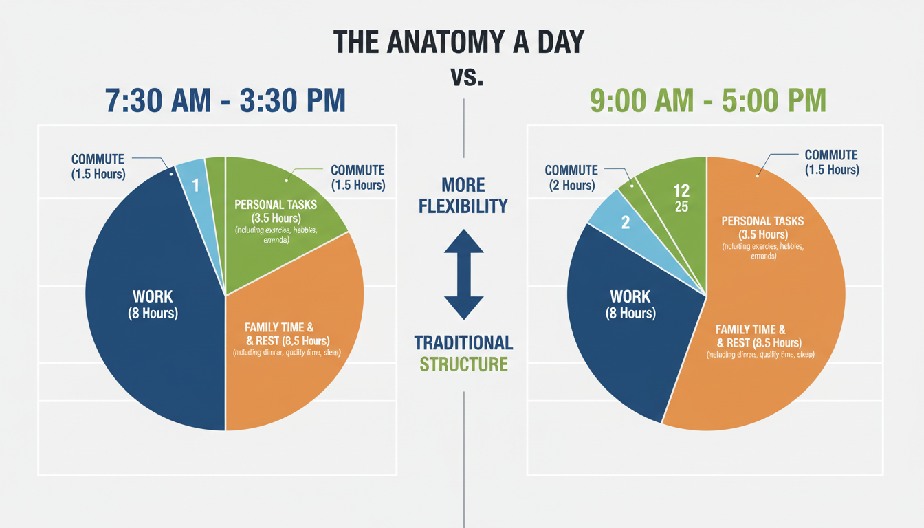 7:30 to 3:30 work schedule - high-quality infographic titled 'The Anatomy of a Day: 7:30-3:30 vs. 9-5' visually comparing the allocation of time for work, commute, personal tasks, and family time in two side-by-side circular charts.