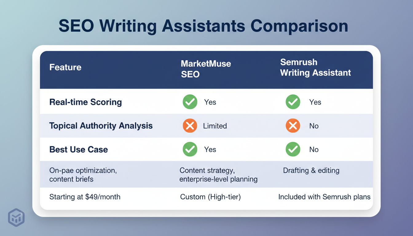 AI SEO tools - A detailed comparison table as a high-quality graphic, comparing Surfer SEO, MarketMuse, and Semrush's Writing Assistant on features like 'Real-time Scoring', 'Topical Authority Analysis', 'Best Use Case', and 'Price Tier'.