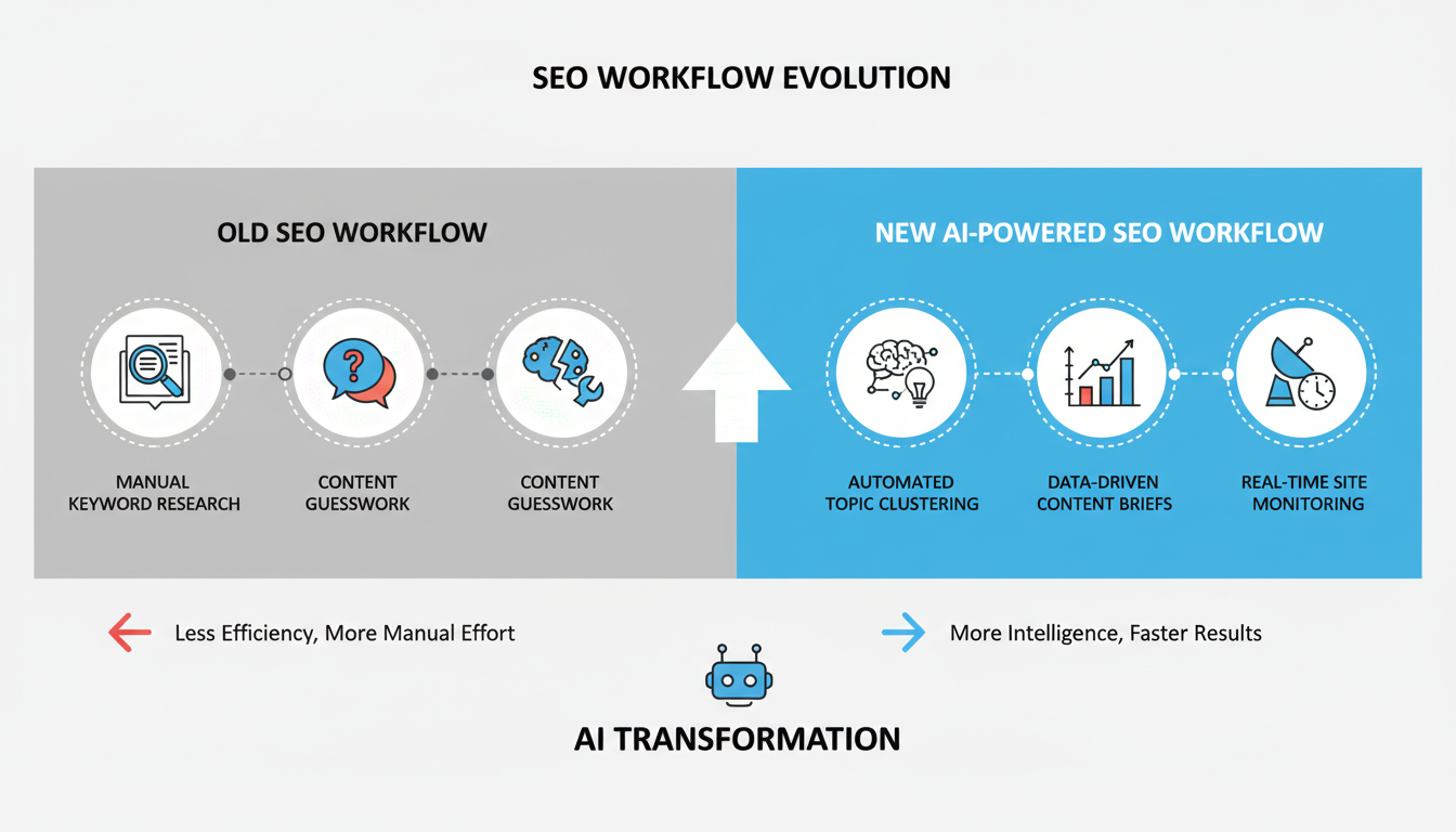 AI SEO tools - A professional minimalist infographic comparing the 'Old SEO Workflow' (manual keyword research, content guesswork, slow technical audits) vs. the 'New AI-Powered SEO Workflow' (automated topic clustering, data-driven content briefs, real-time site monitoring).