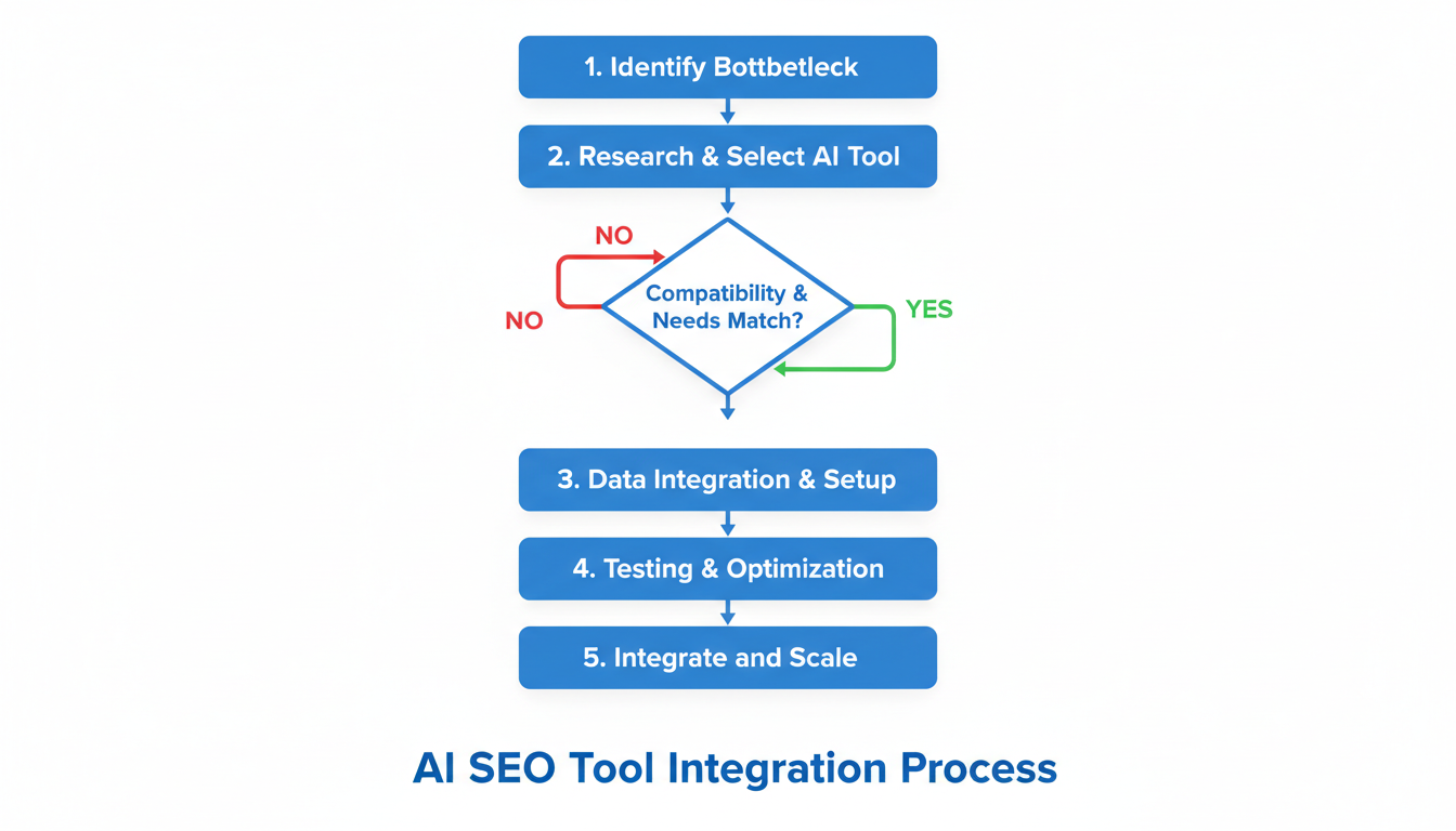 AI SEO tools - A clean, professional flowchart diagram illustrating the 5-step process for integrating an AI SEO tool, from 'Identify Bottleneck' to 'Integrate and Scale'.