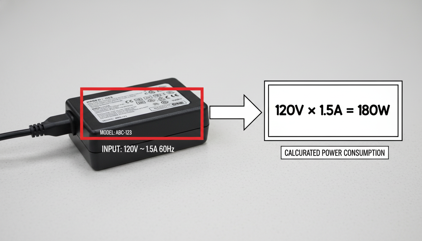 60 Hz to watts - Step-by-step diagram showing a photo of a real appliance power adapter. Callout boxes point to the 'INPUT: 120V ~ 1.5A 60Hz' text. An arrow leads to the calculation '120V x 1.5A = 180W'.