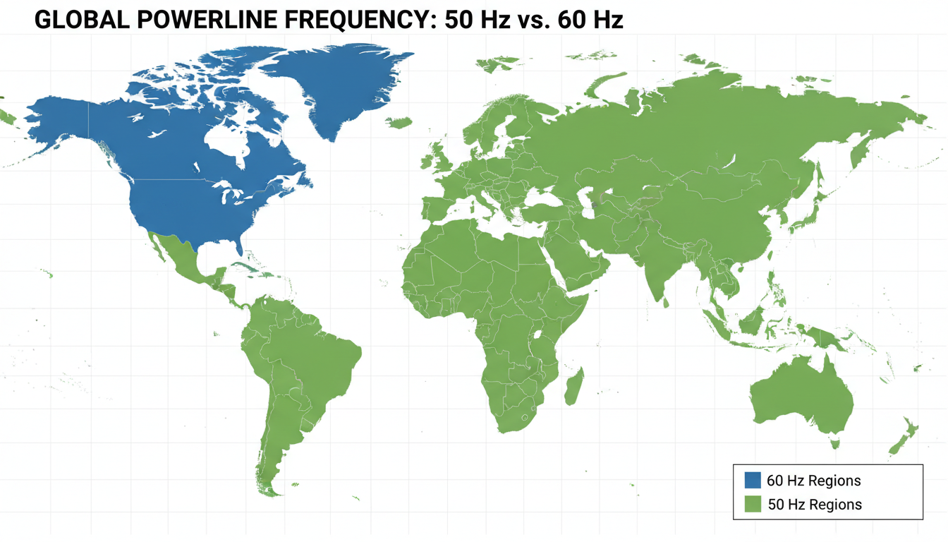60 Hz to watts - High-quality world map infographic with countries color-coded to show 60 Hz regions (e.g., blue) and 50 Hz regions (e.g., green), with a clear legend.
