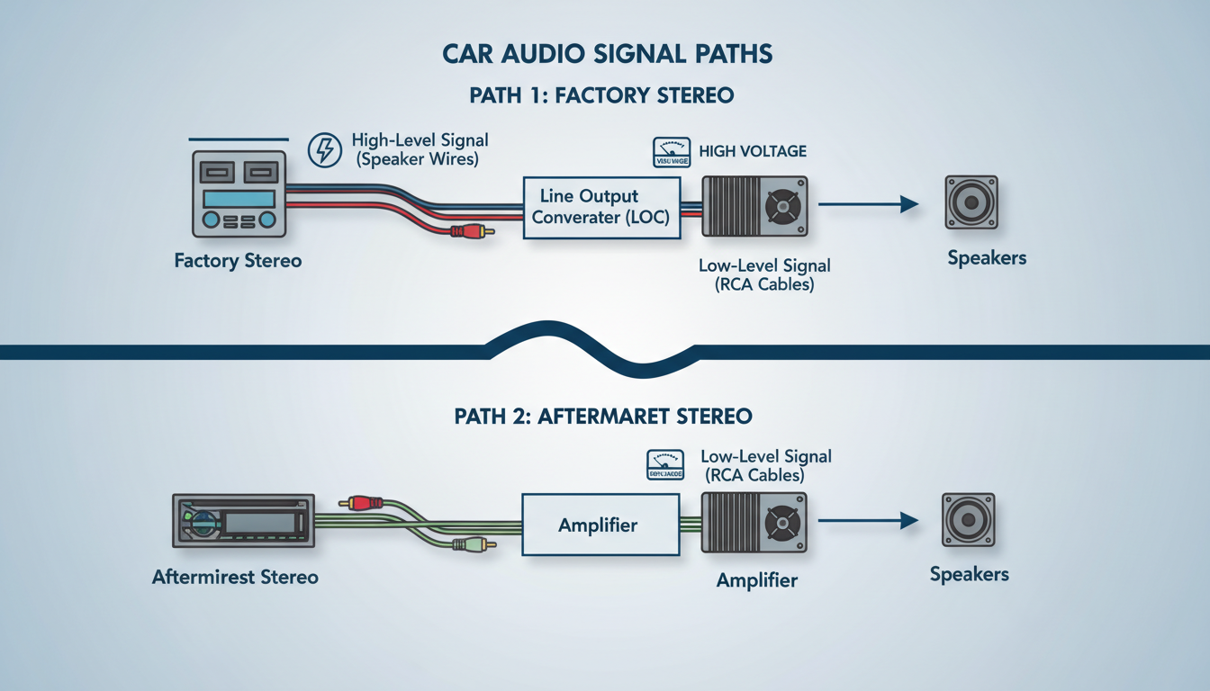 line converter - Educational infographic clearly showing two paths. Path 1: Factory Stereo -> High-Level Signal (speaker wires with a 'high voltage' icon) -> Line Output Converter -> Low-Level Signal (RCA cables with a 'low voltage' icon) -> Amplifier. Path 2 (for aftermarket stereos): Aftermarket Stereo -> Low-Level Signal (RCA cables) -> Amplifier.