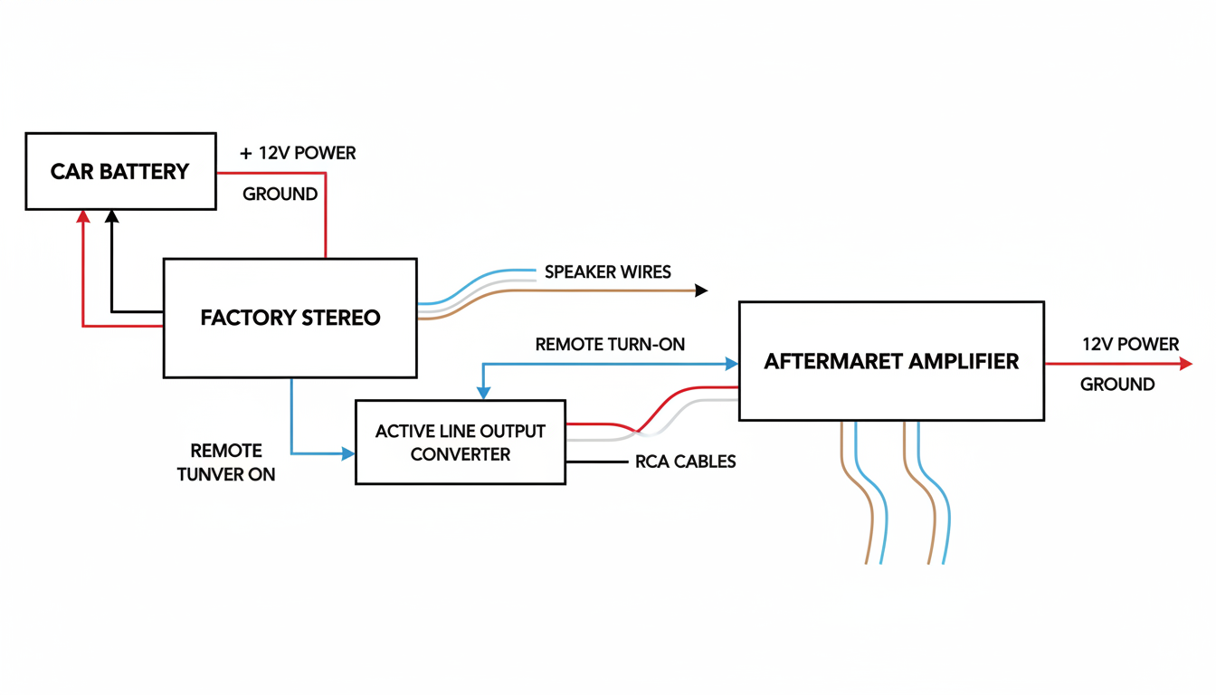 line converter - A clean, minimalist wiring diagram showing a car battery, factory stereo, active line output converter, and an aftermarket amplifier. Arrows clearly label the flow of Speaker Wires, 12V Power, Ground, Remote Turn-On, and RCA Cables.
