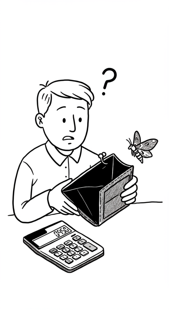 A confused person looking at a calculator showing a positive result while holding an empty wallet.