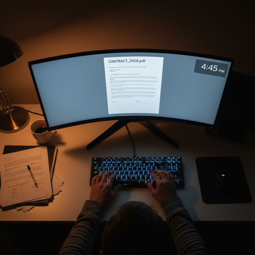 A person's hands on a keyboard, unable to edit a PDF document on their computer late in the day.