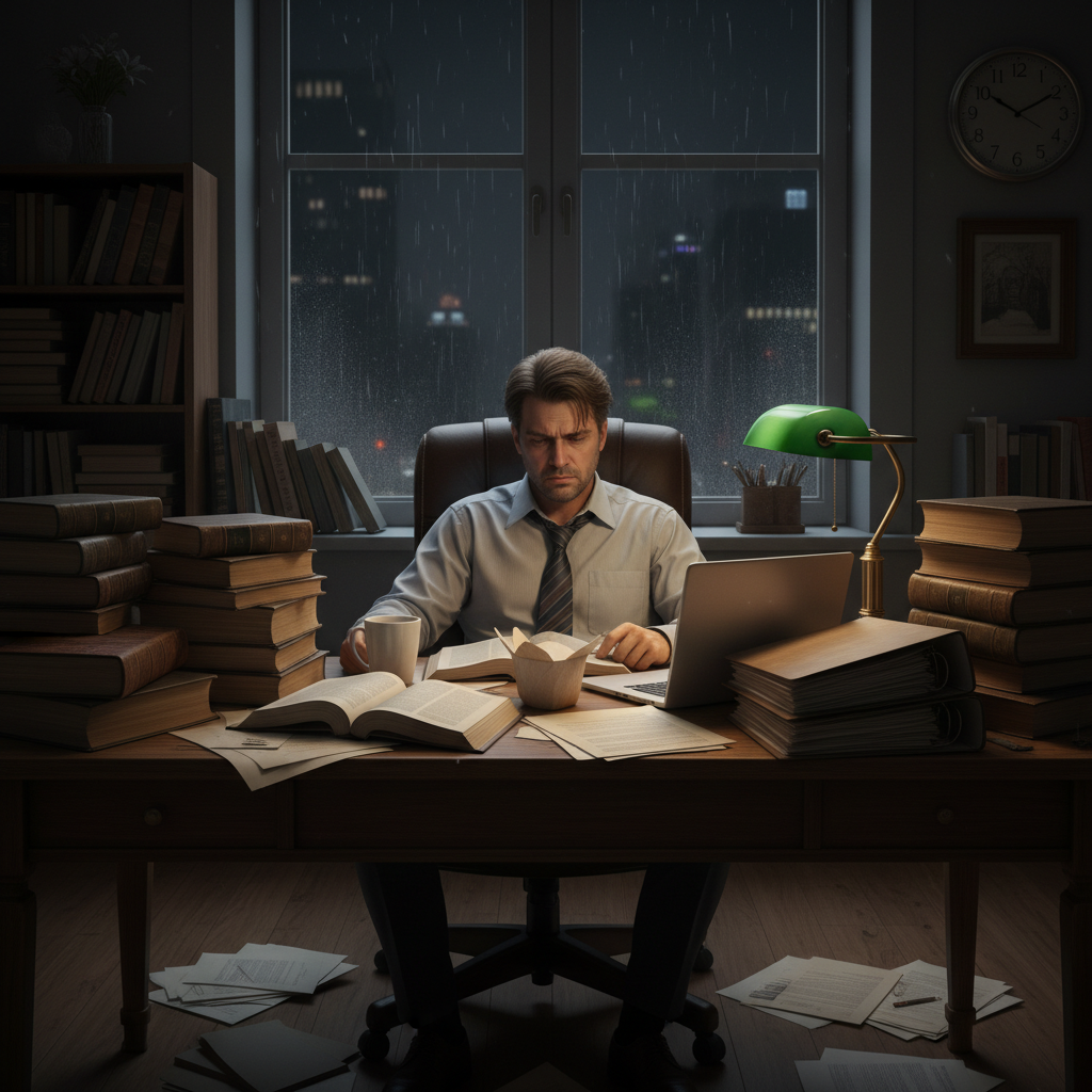 An overwhelmed lawyer working late at night, surrounded by stacks of legal documents and books.
