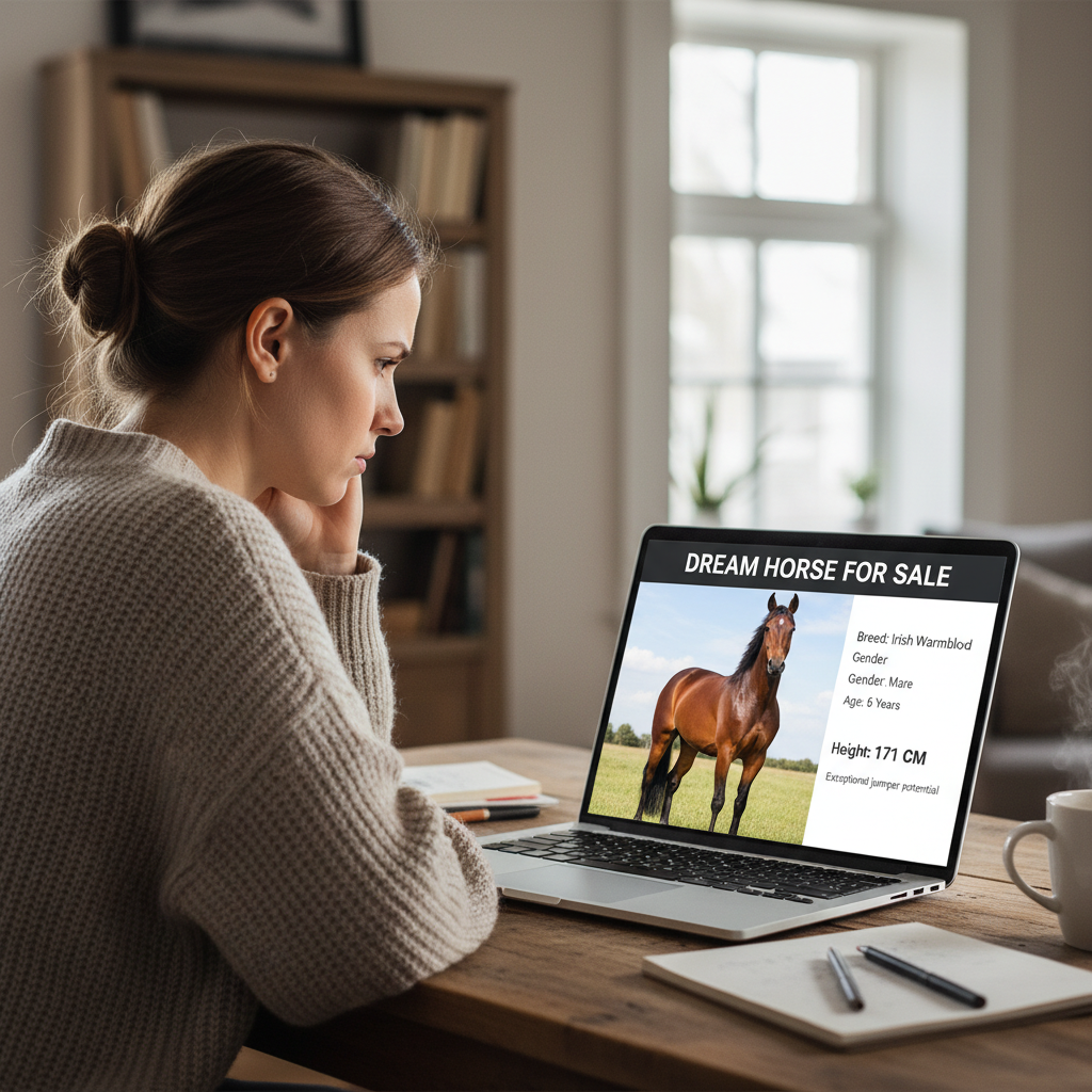 A woman looking at a horse advertisement on her laptop, puzzled by the height listed in centimeters.