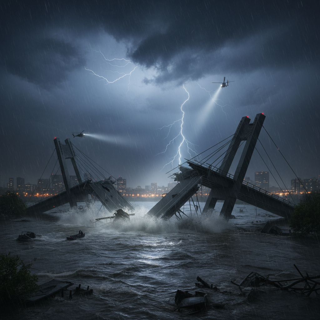A collapsing bridge during a severe flood, illustrating the consequences of engineering errors.