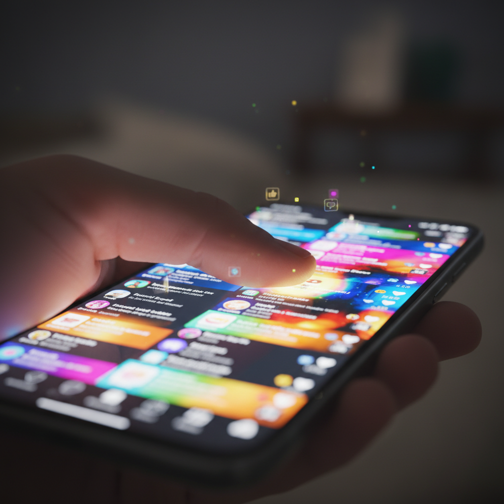 A finger quickly scrolling through a social media feed on a smartphone.