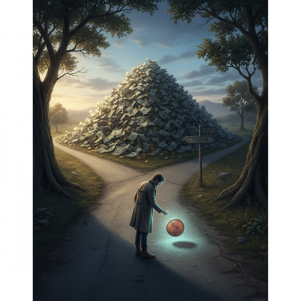 A person choosing between a path to a million dollars and a path to a single penny.