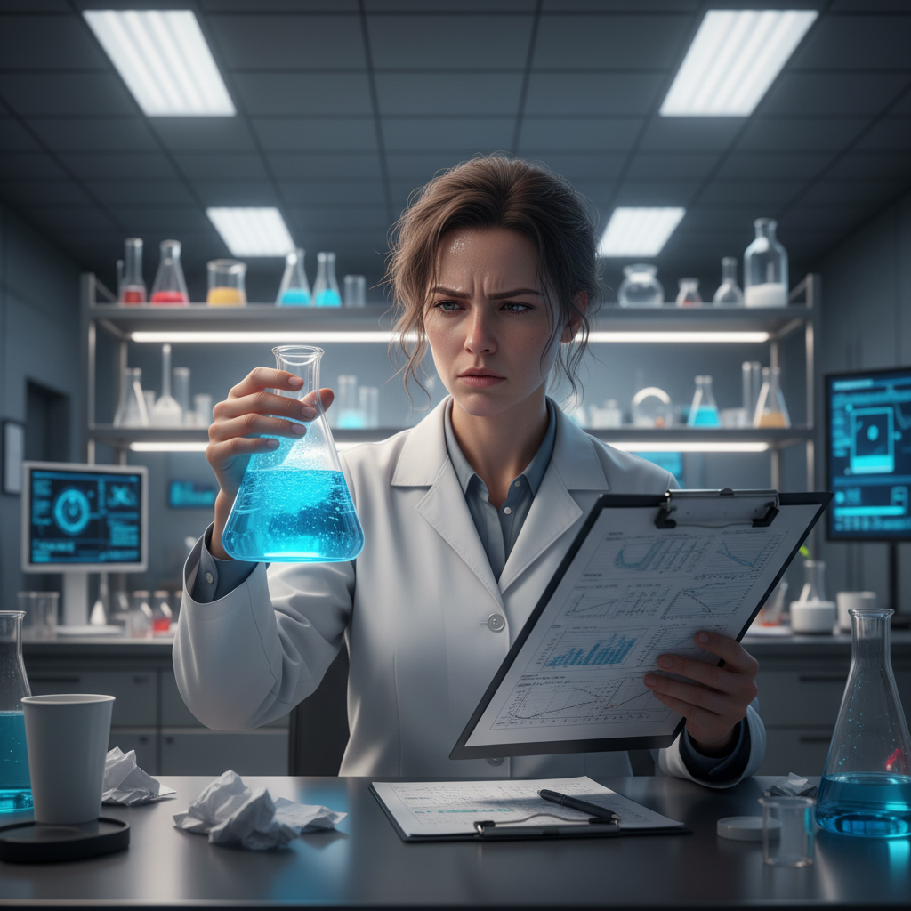 A concerned scientist in a lab coat compares a liquid sample to a data report.