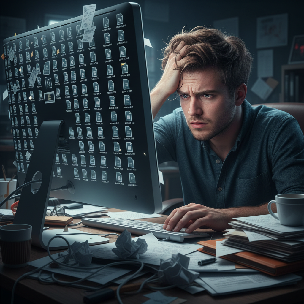 A frustrated office worker looking at a computer screen filled with TIFF file icons.