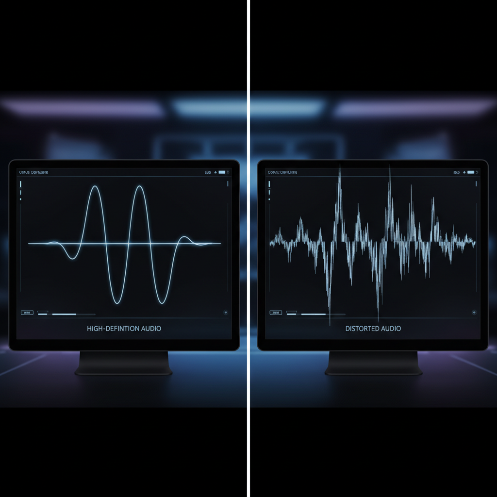 A side-by-side comparison of a clean audio signal and a distorted one, representing different performance levels.