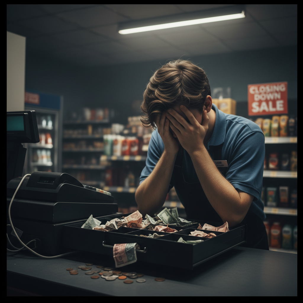 Frustrated employee looking at a disorganized cash drawer.