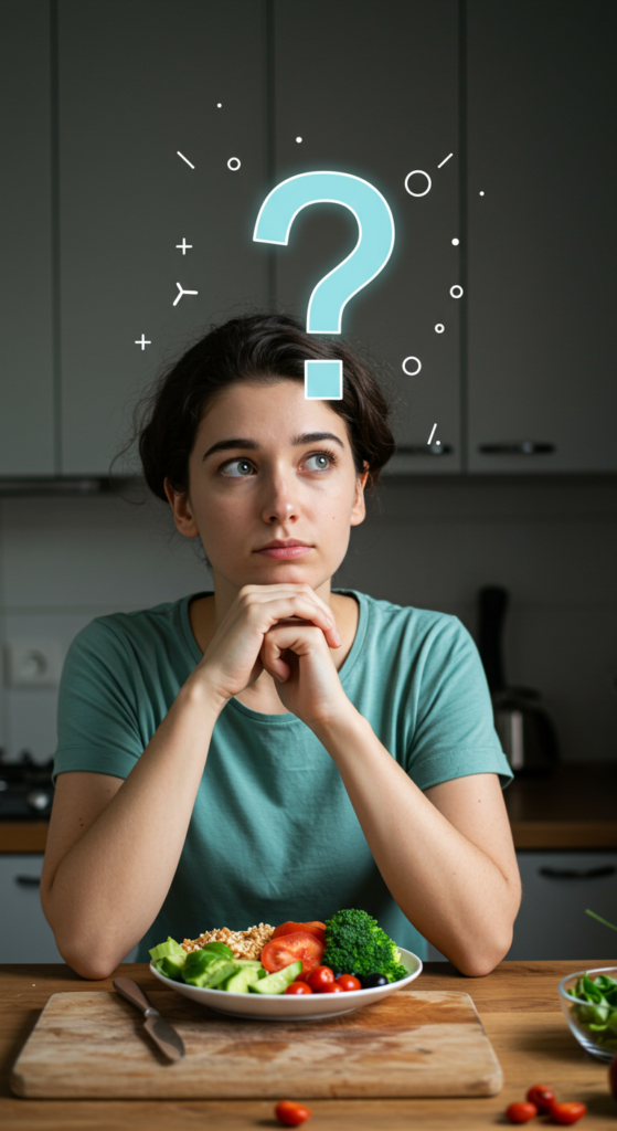 A person looking at a plate of food with a question mark above it, symbolizing confusion about calorie counting.