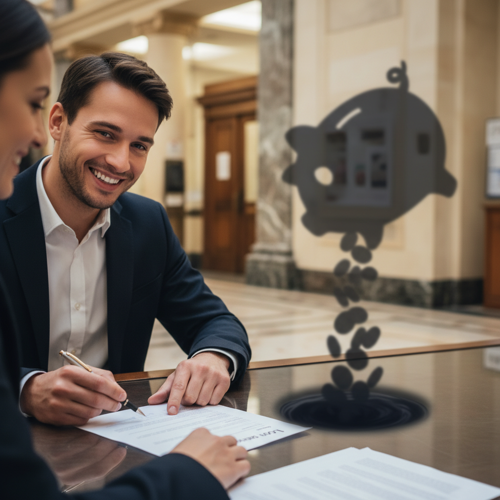 A person happily signing a loan agreement, unaware of the hidden costs.