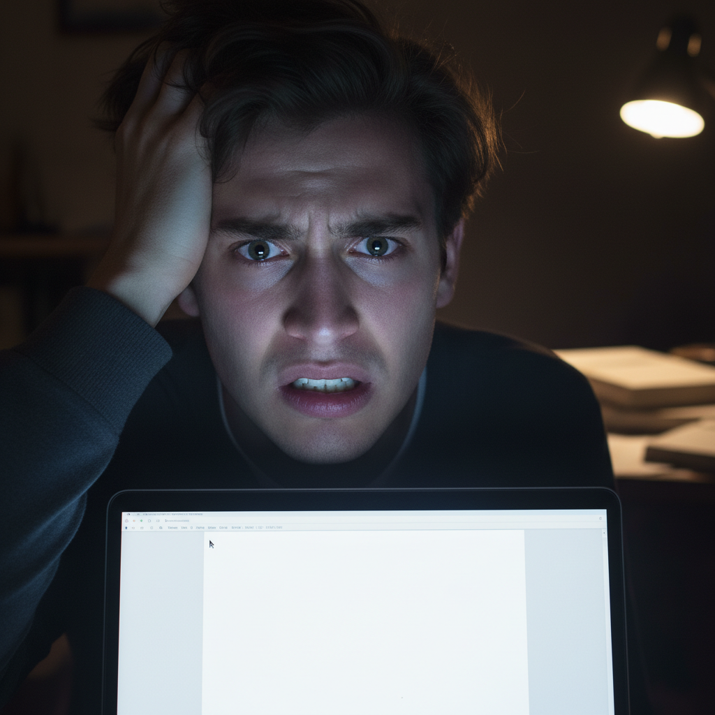 A stressed student looking at a blank document on their laptop.