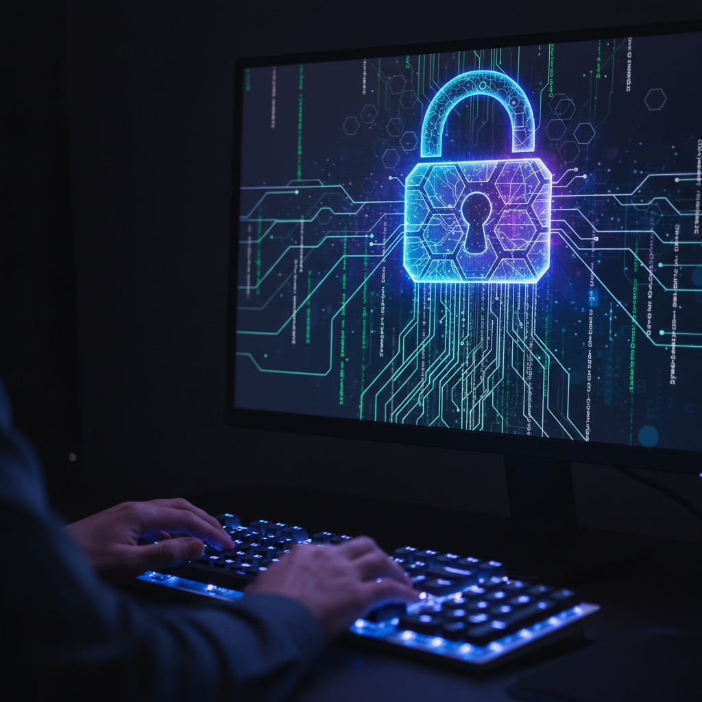 A glowing digital lock on a computer screen, symbolizing secure e-commerce development.