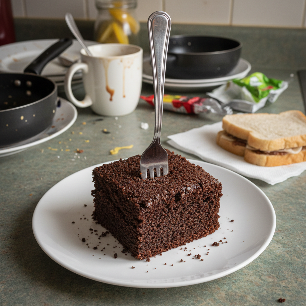 A slice of dense, heavy-looking cake on a white plate with a fork stuck in it.