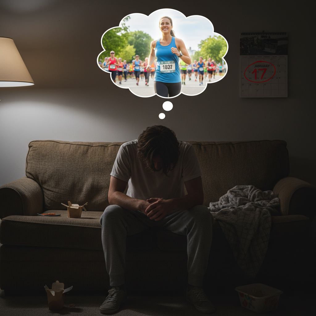 A person looking defeated on their couch, dreaming of a better version of themselves next to a calendar marking 'Quitter's Day'.
