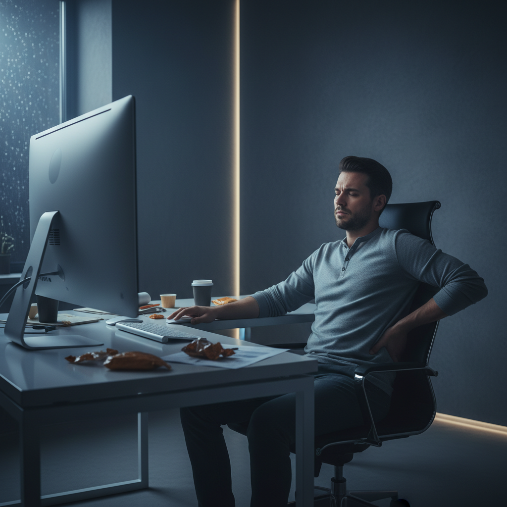 A person with back pain from sitting at a computer desk.