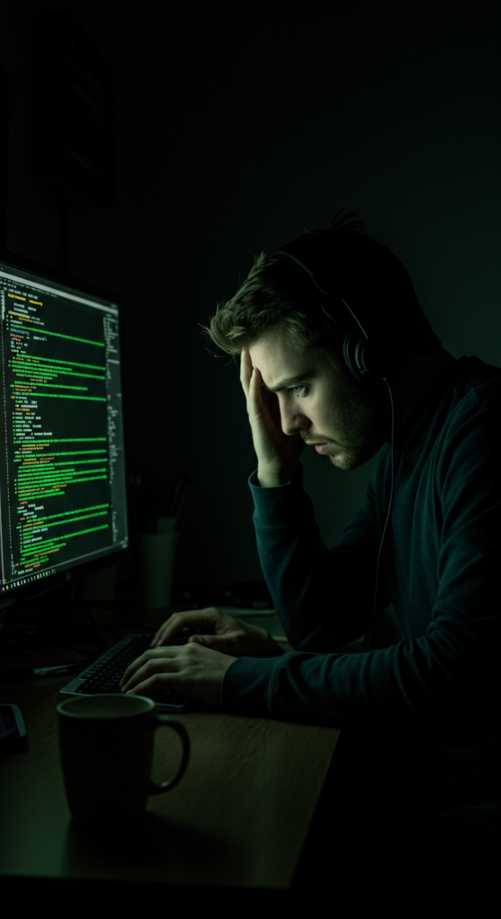 A developer looking exhausted while debugging hexadecimal code late at night.