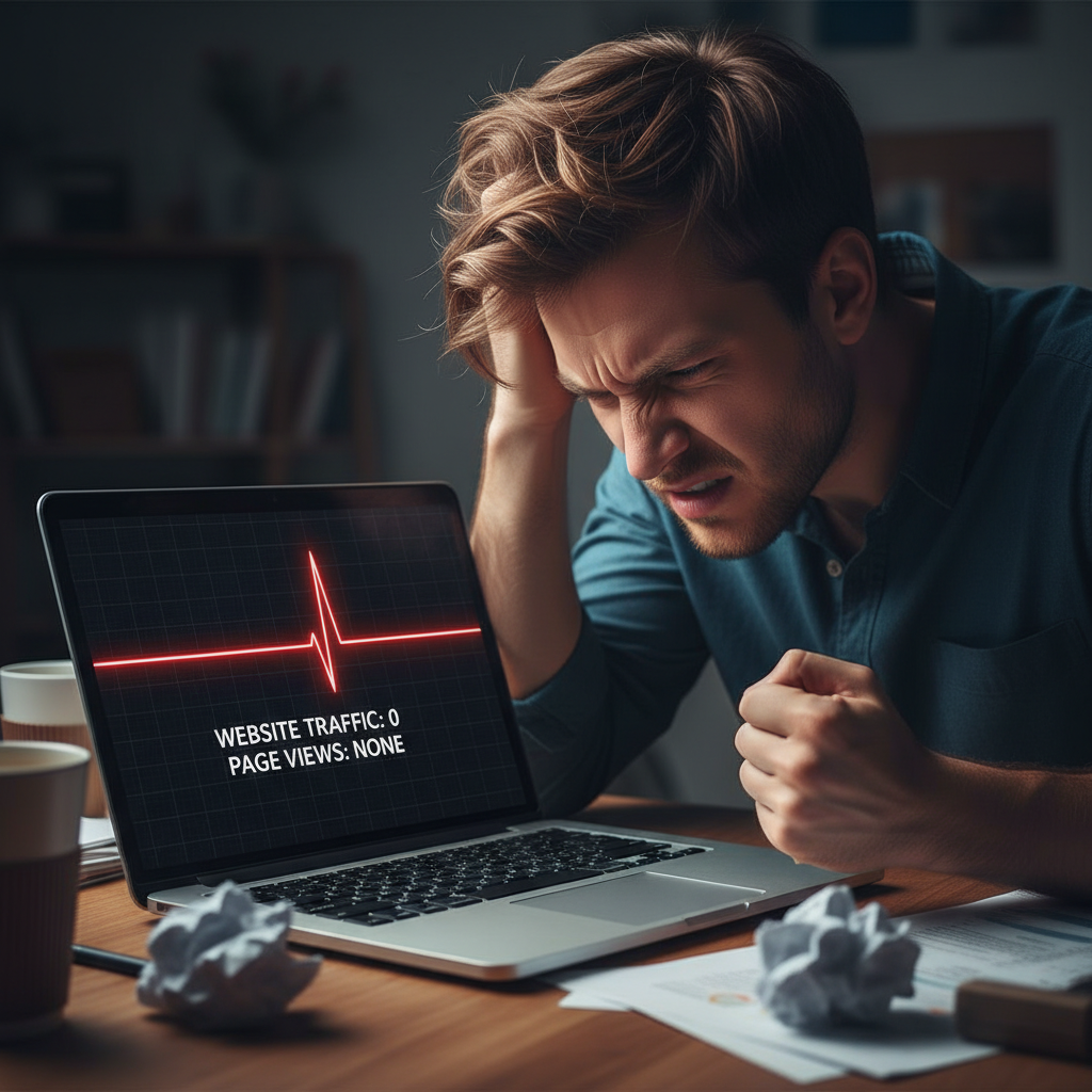 A flatline graph on a laptop screen representing a complete lack of web traffic.