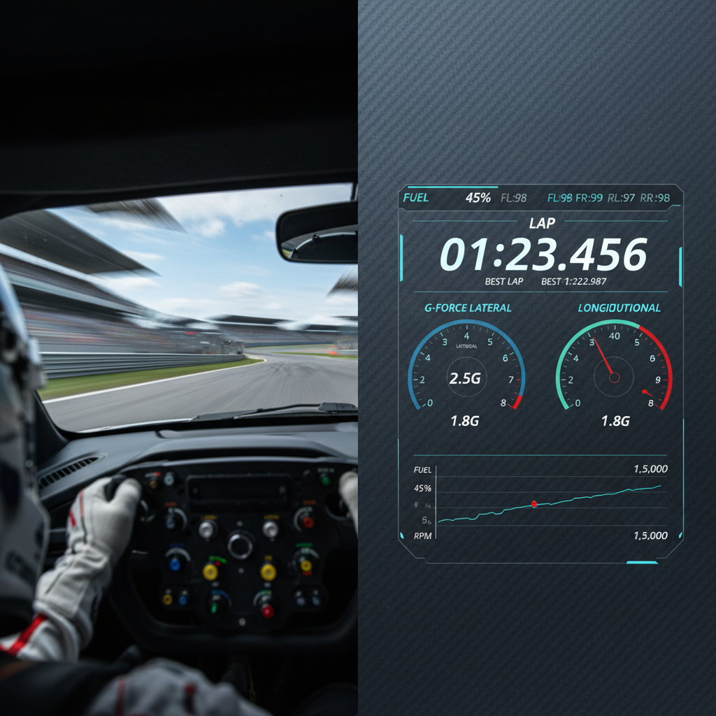A split image showing a blurry driver's perspective next to a clear telemetry screen with data.